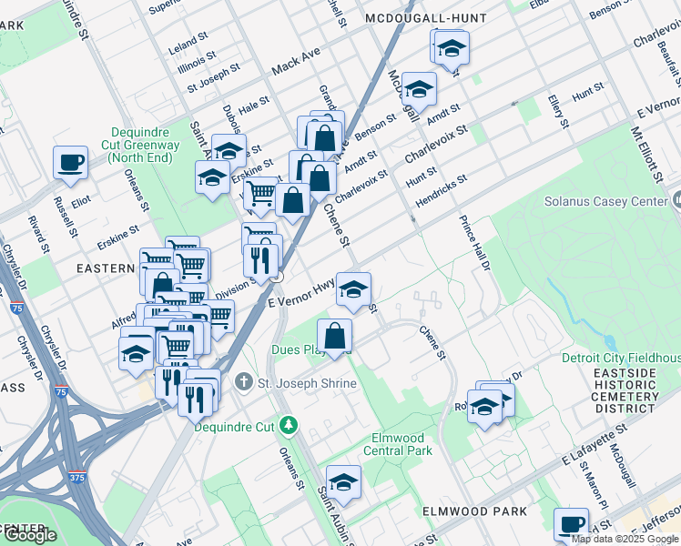 map of restaurants, bars, coffee shops, grocery stores, and more near 2445 East Vernor Highway in Detroit