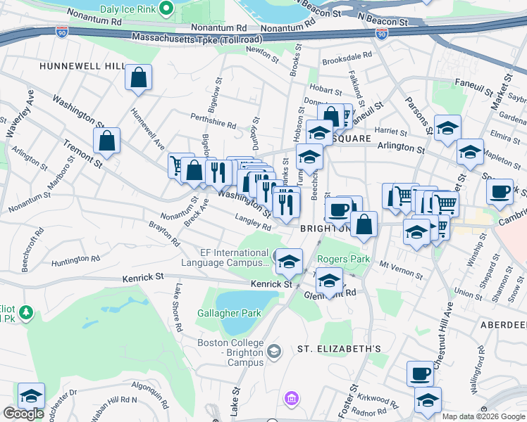 map of restaurants, bars, coffee shops, grocery stores, and more near Washington St & Oak Square Ave in Boston