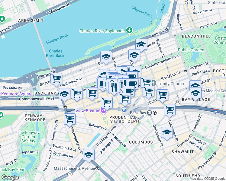map of restaurants, bars, coffee shops, grocery stores, and more near 754 Boylston Street in Boston