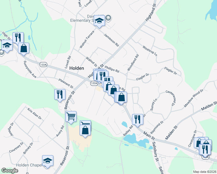 map of restaurants, bars, coffee shops, grocery stores, and more near 4 Boyden Road in Holden