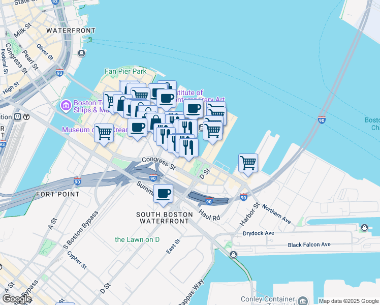 map of restaurants, bars, coffee shops, grocery stores, and more near Northern Avenue in Boston