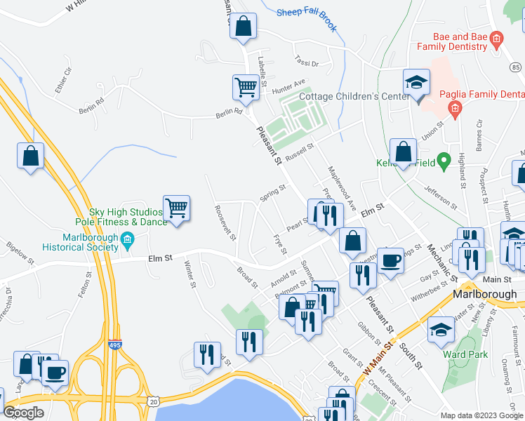 map of restaurants, bars, coffee shops, grocery stores, and more near 71 Frye Street in Marlborough