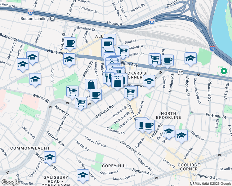 map of restaurants, bars, coffee shops, grocery stores, and more near 1254 Commonwealth Avenue in Boston
