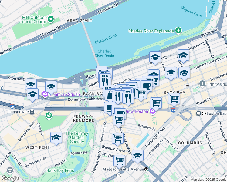 map of restaurants, bars, coffee shops, grocery stores, and more near 345 Commonwealth Avenue in Boston