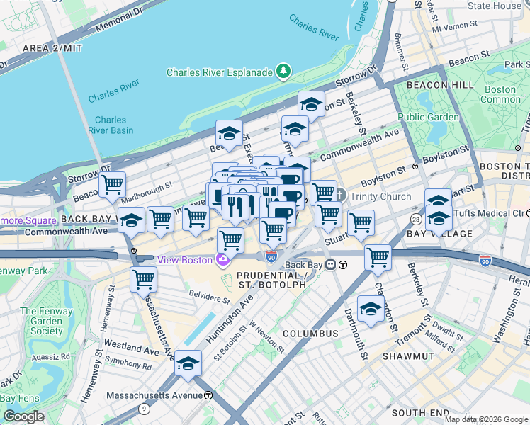 map of restaurants, bars, coffee shops, grocery stores, and more near 754 Boylston Street in Boston