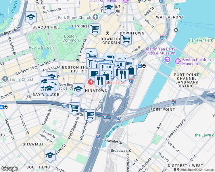 map of restaurants, bars, coffee shops, grocery stores, and more near in Boston