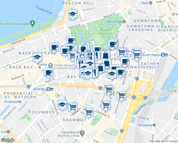 map of restaurants, bars, coffee shops, grocery stores, and more near 34-38 Winchester Street in Boston