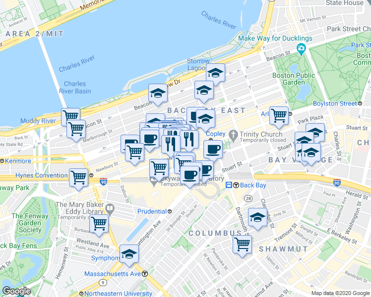 map of restaurants, bars, coffee shops, grocery stores, and more near 754 Boylston Street in Boston