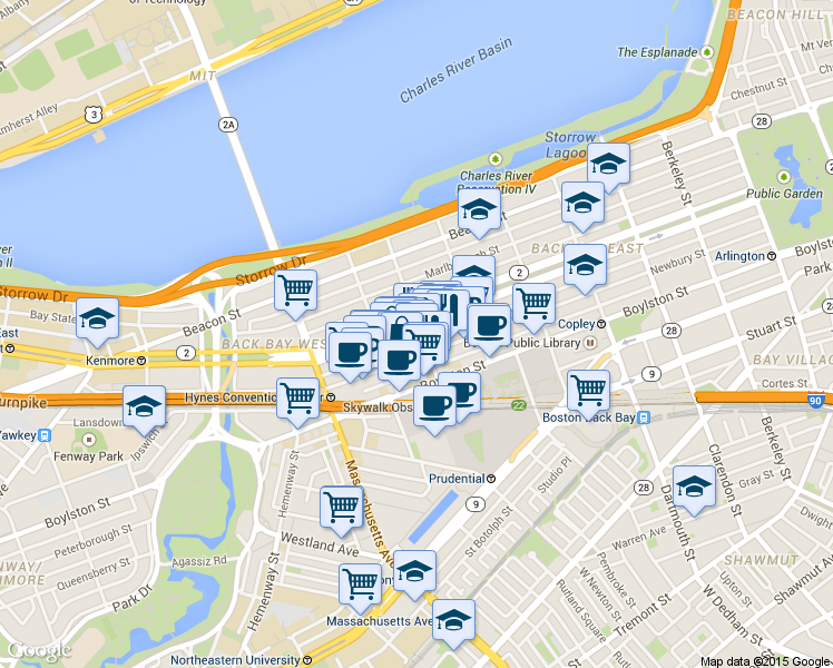 map of restaurants, bars, coffee shops, grocery stores, and more near 296 Commonwealth Avenue in Boston