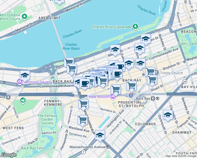 map of restaurants, bars, coffee shops, grocery stores, and more near 296 Commonwealth Avenue in Boston