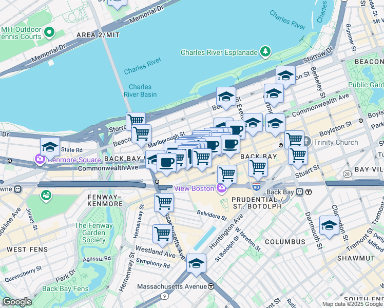 map of restaurants, bars, coffee shops, grocery stores, and more near 296 Commonwealth Avenue in Boston