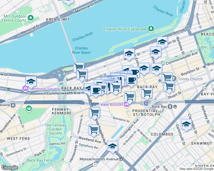 map of restaurants, bars, coffee shops, grocery stores, and more near 296 Commonwealth Avenue in Boston