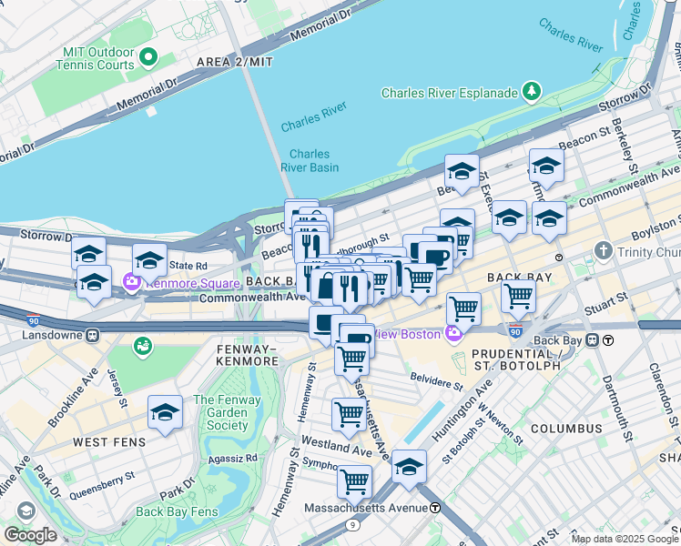map of restaurants, bars, coffee shops, grocery stores, and more near 345 Commonwealth Avenue in Boston
