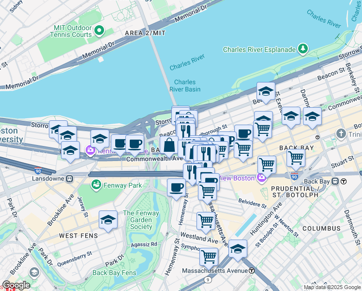 map of restaurants, bars, coffee shops, grocery stores, and more near 377 Commonwealth Avenue in Boston