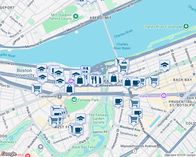 map of restaurants, bars, coffee shops, grocery stores, and more near 483 Commonwealth Avenue in Boston