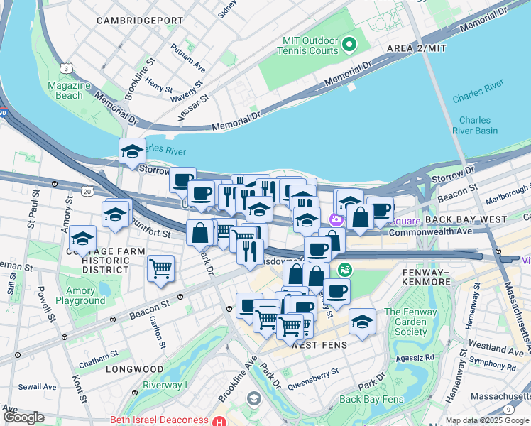 map of restaurants, bars, coffee shops, grocery stores, and more near 621 Commonwealth Avenue in Boston