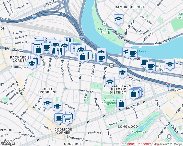 map of restaurants, bars, coffee shops, grocery stores, and more near 49 Egmont Street in Brookline