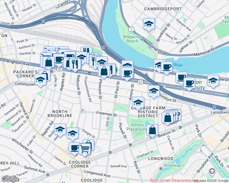 map of restaurants, bars, coffee shops, grocery stores, and more near 49 Egmont Street in Brookline