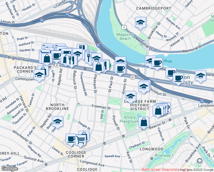 map of restaurants, bars, coffee shops, grocery stores, and more near 49 Egmont Street in Brookline