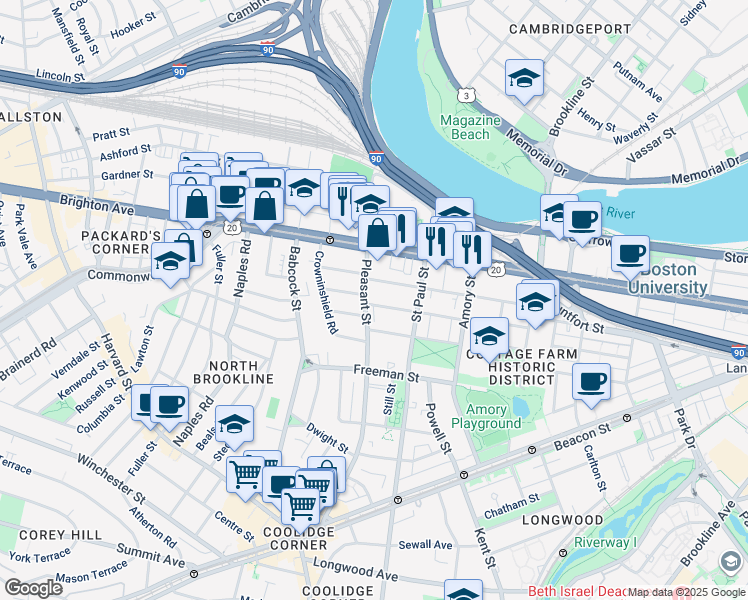 map of restaurants, bars, coffee shops, grocery stores, and more near 76 Egmont Street in Brookline