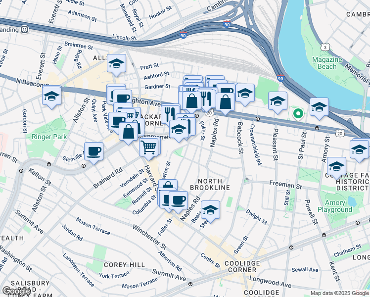 map of restaurants, bars, coffee shops, grocery stores, and more near 168 Coolidge Street in Brookline