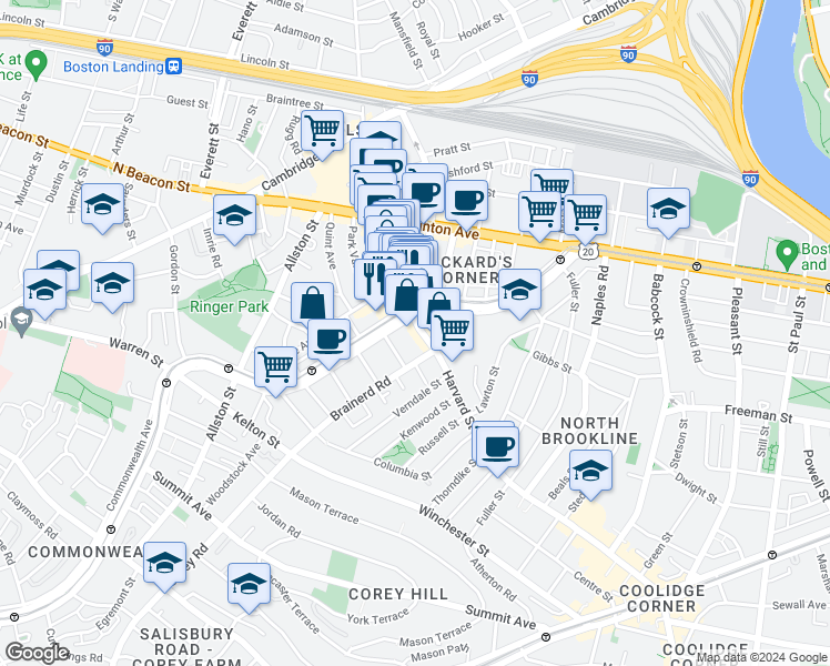 map of restaurants, bars, coffee shops, grocery stores, and more near 1254 Commonwealth Avenue in Boston