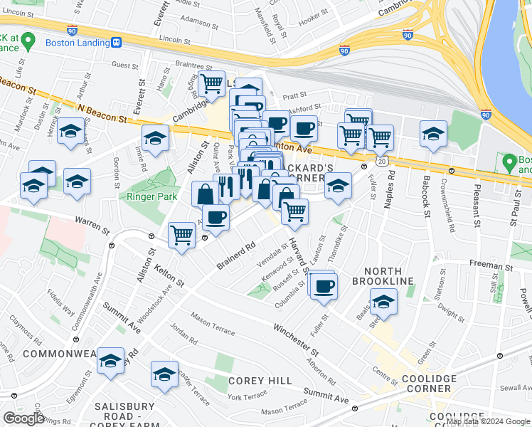 map of restaurants, bars, coffee shops, grocery stores, and more near 1254 Commonwealth Avenue in Boston
