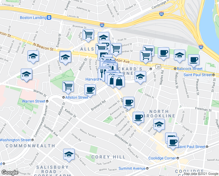 map of restaurants, bars, coffee shops, grocery stores, and more near 1254 Commonwealth Avenue in Boston