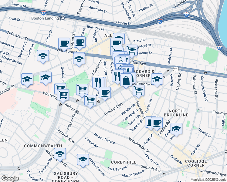 map of restaurants, bars, coffee shops, grocery stores, and more near 1277 Commonwealth Avenue in Boston
