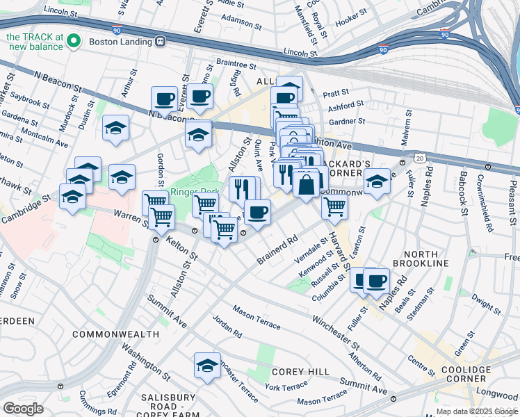 map of restaurants, bars, coffee shops, grocery stores, and more near 66 Glenville Avenue in Boston