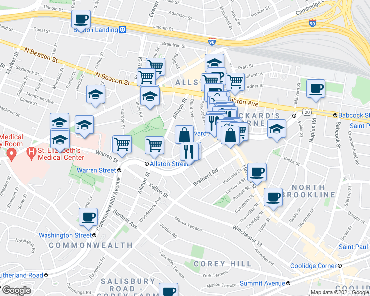 map of restaurants, bars, coffee shops, grocery stores, and more near 66 Glenville Avenue in Boston