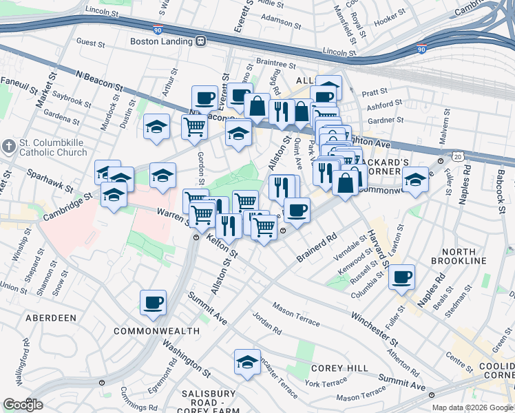 map of restaurants, bars, coffee shops, grocery stores, and more near 28 Long Avenue in Boston