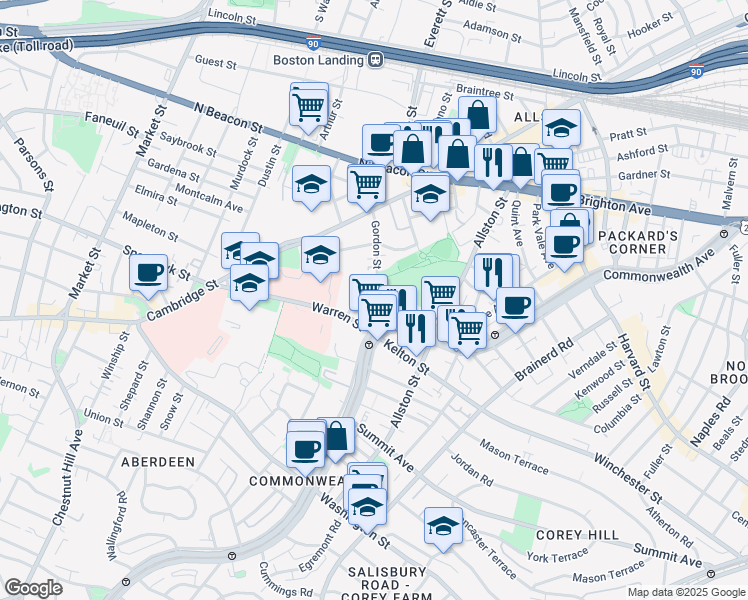 map of restaurants, bars, coffee shops, grocery stores, and more near 103 Gordon Street in Boston