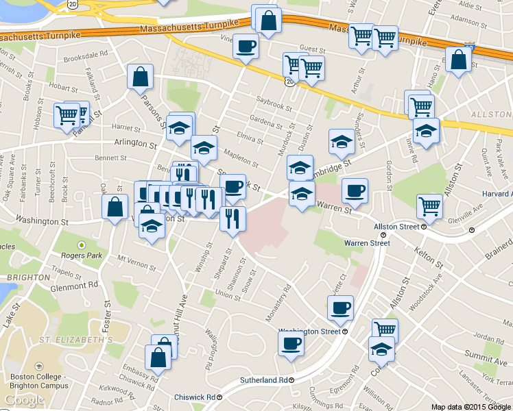 map of restaurants, bars, coffee shops, grocery stores, and more near 736 Cambridge Street in Boston