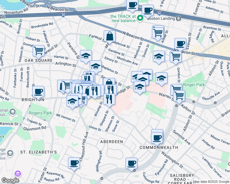 map of restaurants, bars, coffee shops, grocery stores, and more near 736 Cambridge Street in Boston