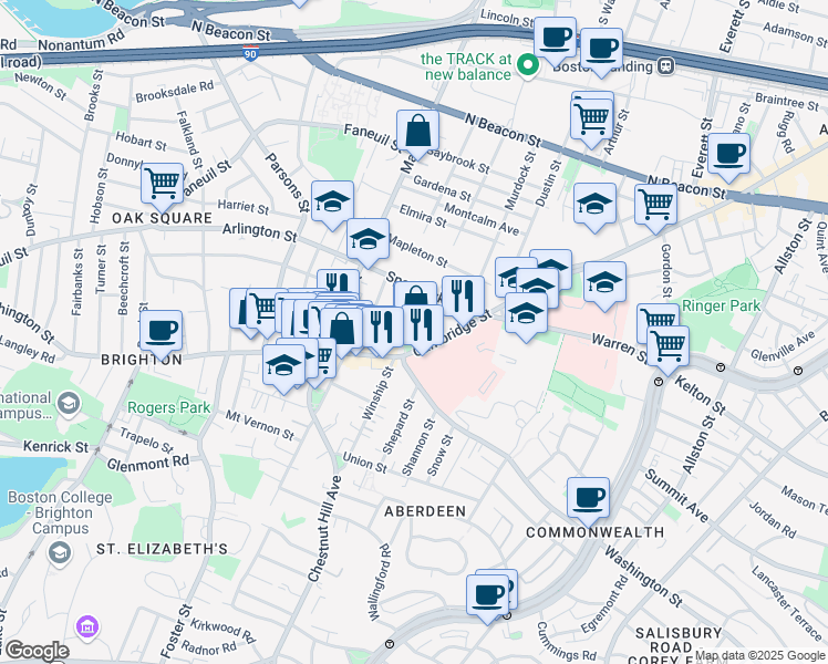 map of restaurants, bars, coffee shops, grocery stores, and more near 736 Cambridge Street in Boston