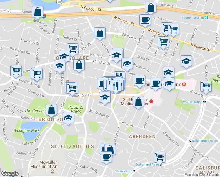 map of restaurants, bars, coffee shops, grocery stores, and more near 385 Washington Street in Boston