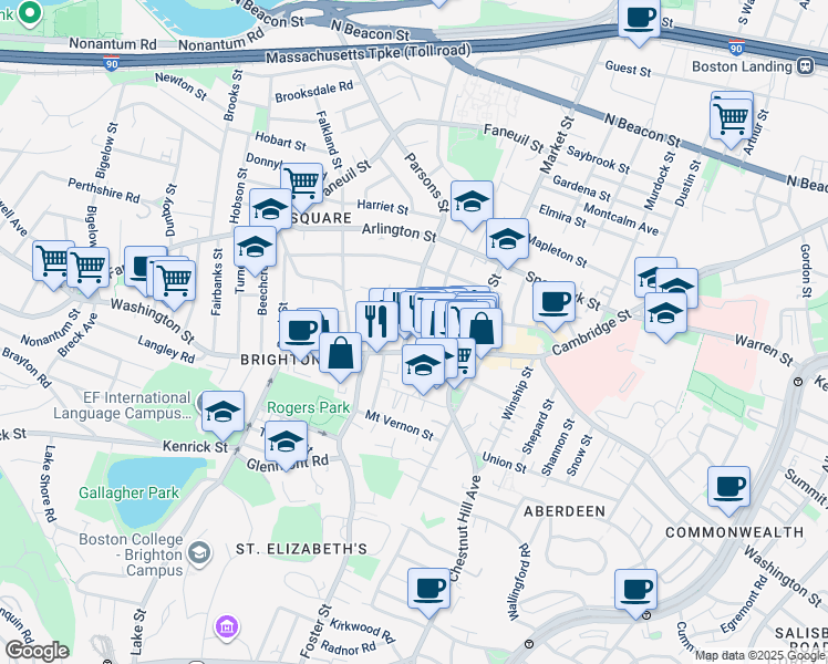 map of restaurants, bars, coffee shops, grocery stores, and more near 15 Parsons Street in Boston