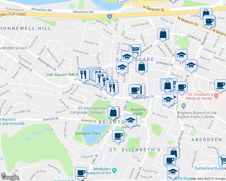 map of restaurants, bars, coffee shops, grocery stores, and more near 11 Fairbanks Street in Boston