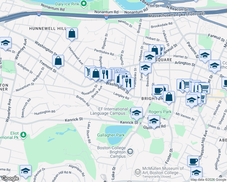 map of restaurants, bars, coffee shops, grocery stores, and more near 50 Langley Road in Boston