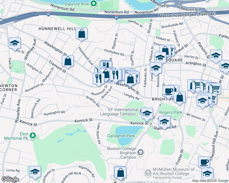 map of restaurants, bars, coffee shops, grocery stores, and more near 18 North Crescent Circuit in Boston