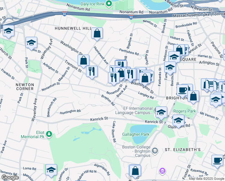 map of restaurants, bars, coffee shops, grocery stores, and more near 32 Nonantum Street in Boston