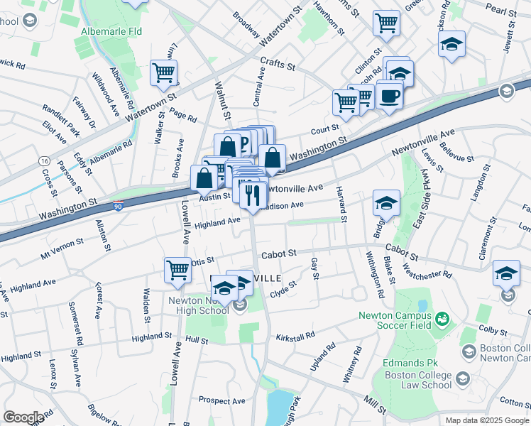 map of restaurants, bars, coffee shops, grocery stores, and more near 345 Walnut Street in Newton