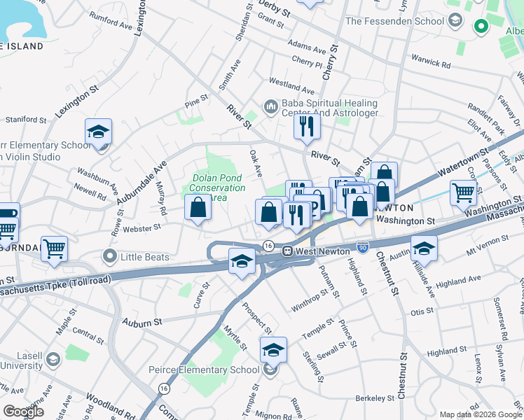 map of restaurants, bars, coffee shops, grocery stores, and more near 125 Webster Street in Newton