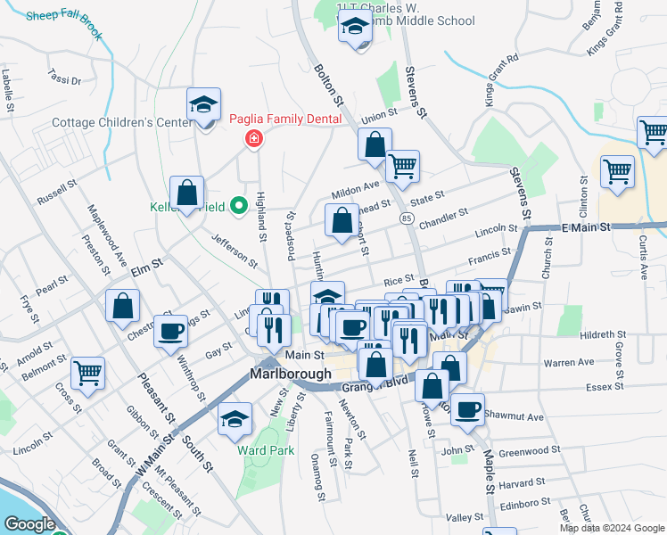 map of restaurants, bars, coffee shops, grocery stores, and more near 204 Lincoln Street in Marlborough
