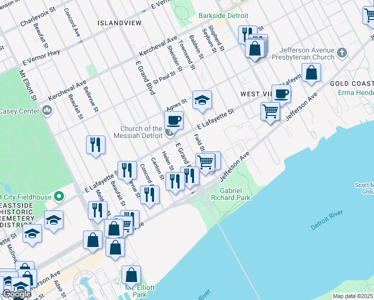 map of restaurants, bars, coffee shops, grocery stores, and more near 174 East Grand Boulevard in Detroit