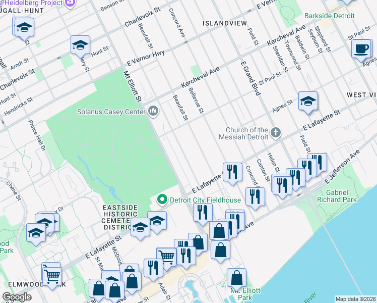 map of restaurants, bars, coffee shops, grocery stores, and more near 1150 Meldrum Street in Detroit
