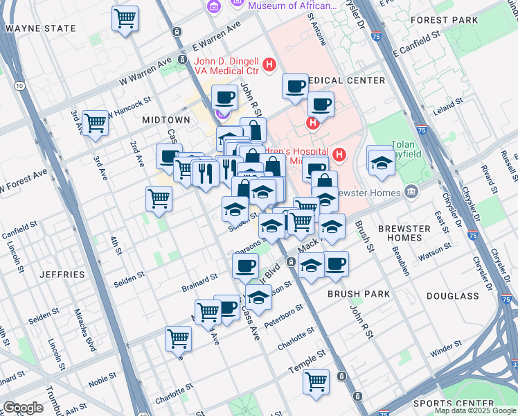 map of restaurants, bars, coffee shops, grocery stores, and more near 3771 Woodward Avenue in Detroit