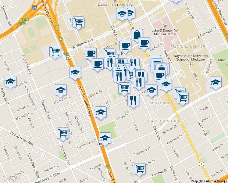 map of restaurants, bars, coffee shops, grocery stores, and more near 700 West Willis Street in Detroit