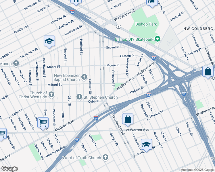 map of restaurants, bars, coffee shops, grocery stores, and more near 5733 Vinewood Street in Detroit